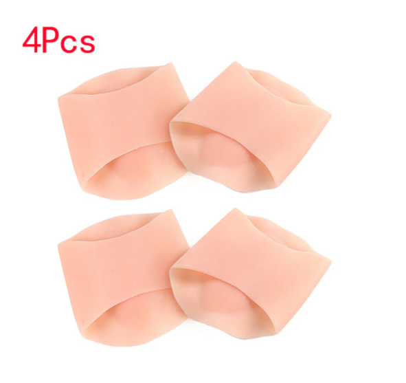 Four beige, silicone ComfortFlex arch support insoles for flat feet, isolated on a white background.