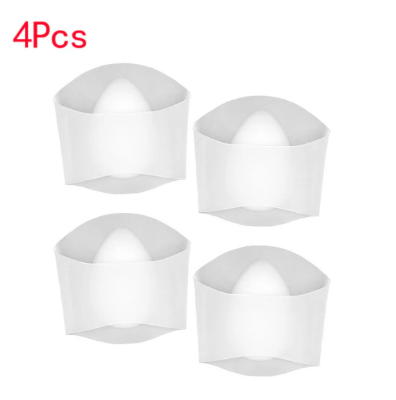 Four white, flexible Fitlybuy silicone foot arch supports with ComfortFlex cushioning for flat feet.