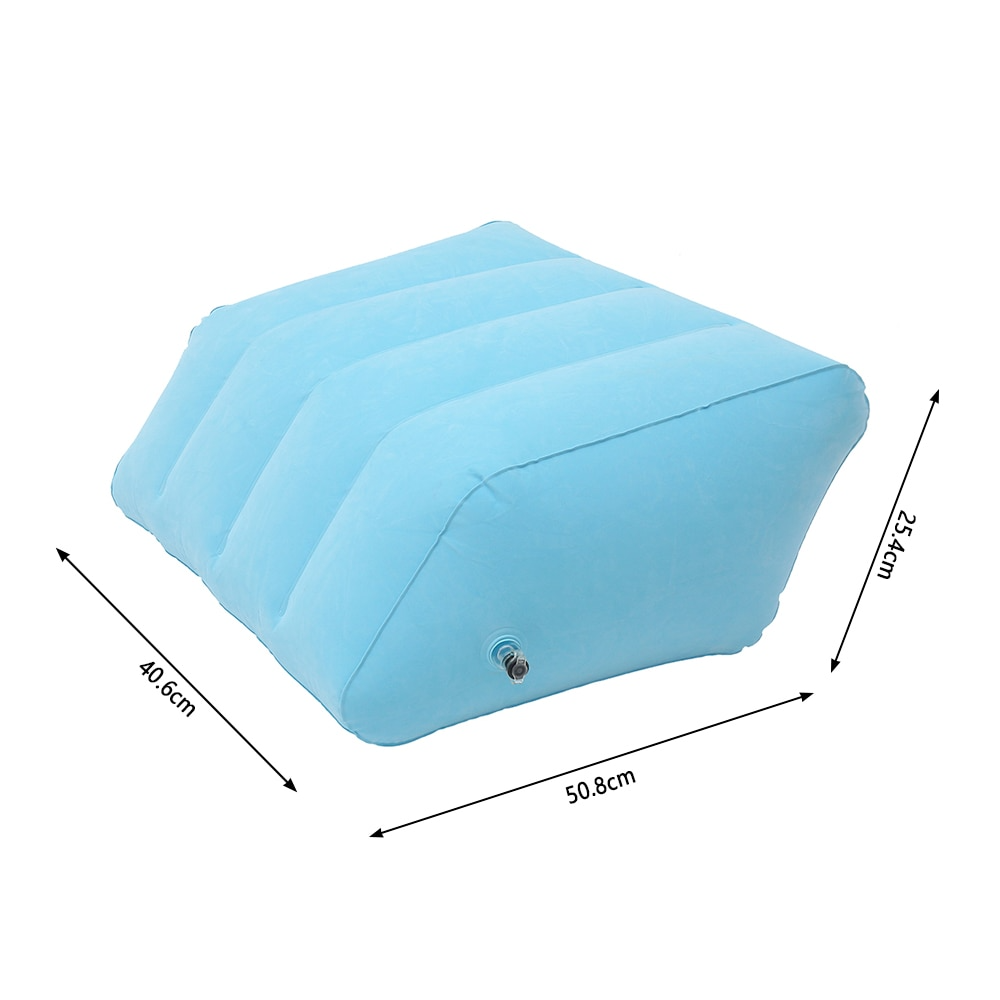 Light blue inflatable leg pillow with ComfortAir technology and dimension labels against a white background.