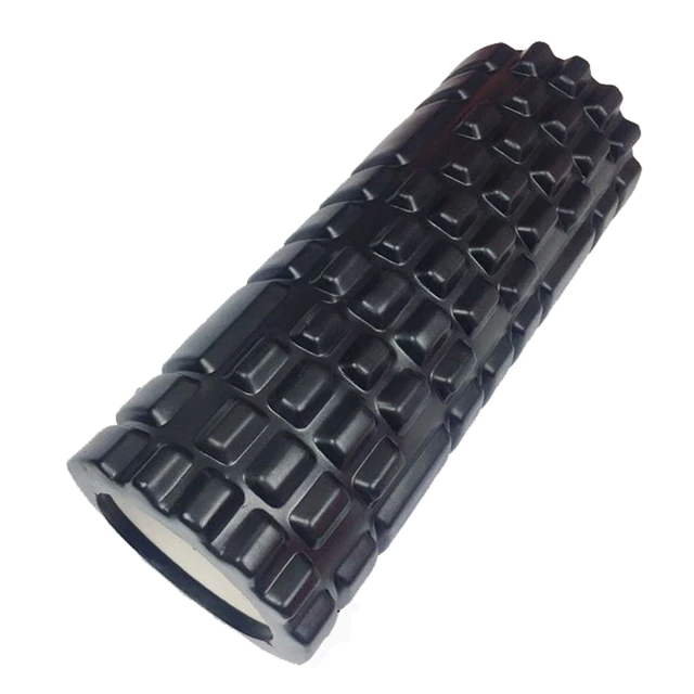 Black Fitlybuy yoga foam roller with textured, grid-patterned surface for massage and muscle recovery.