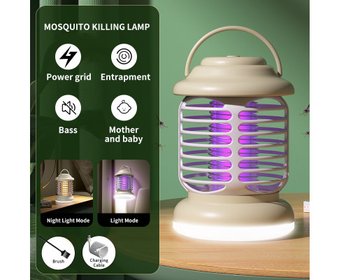 Beige Fitlybuy mosquito lamp with purple light, electric grid, and night light modes on a wooden table.