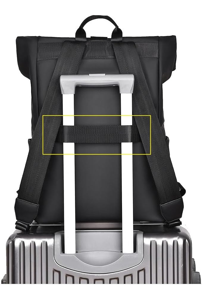 Black Fitlybuy BergTrek backpack attached to a luggage handle via a trolley sleeve, showing ergonomic back design.