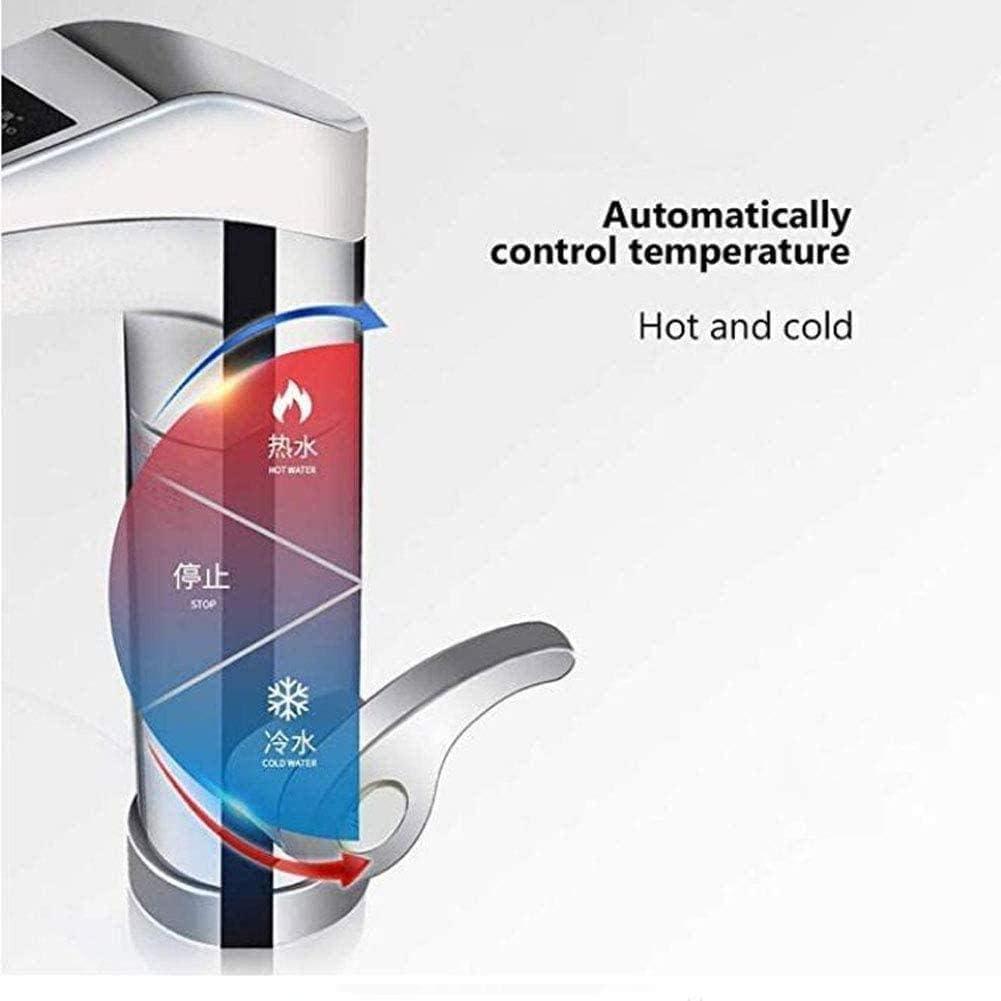 Silver Fitlybuy instant hot water tap with LED display, showing hot, cold, and stop settings for temperature control.