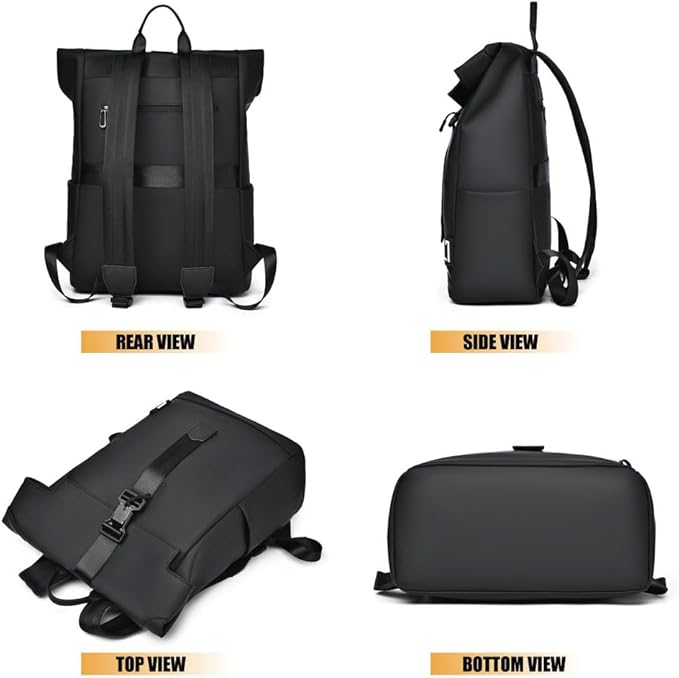 Black Fitlybuy BergTrek waterproof backpack showing rear, side, top, and bottom views with ergonomic strap design.