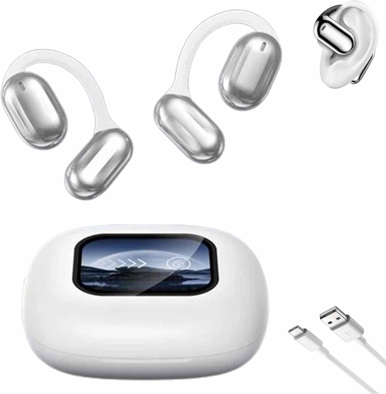 Fitlybuy SmartSpeak silver open-ear translator earbuds with a white charging case and USB-C cable.