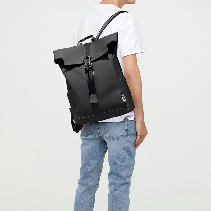 A person wearing a sleek black waterproof Fitlybuy BergTrek roll-top backpack with a secure front buckle.