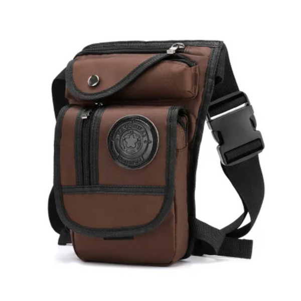 Brown Fitlybuy waterproof motorcycle thigh bag with black trim, multiple zippered pockets, and adjustable buckle straps.