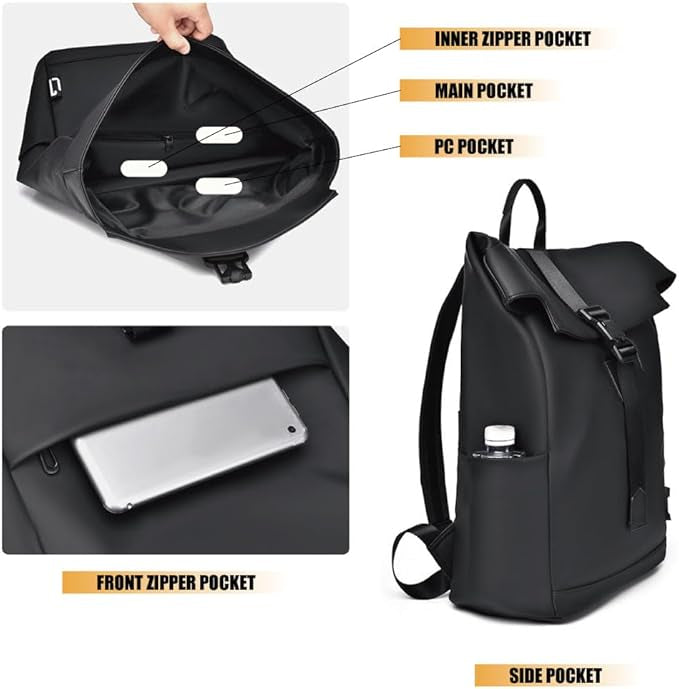 Black Fitlybuy BergTrek waterproof backpack showing interior compartments, front pocket, and side water bottle storage.