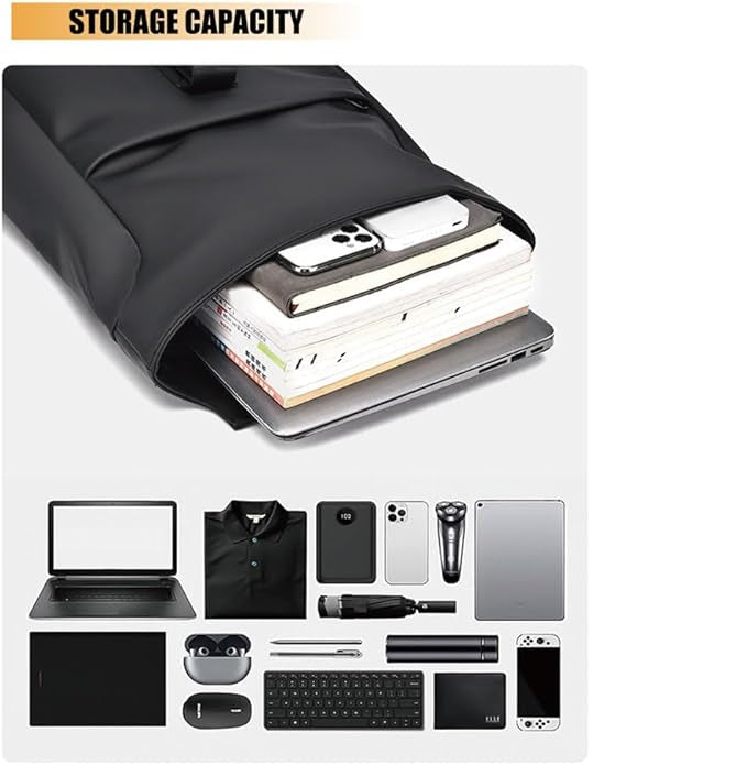 Black Fitlybuy BergTrek waterproof backpack holding a laptop, books, and accessories laid out flat below.