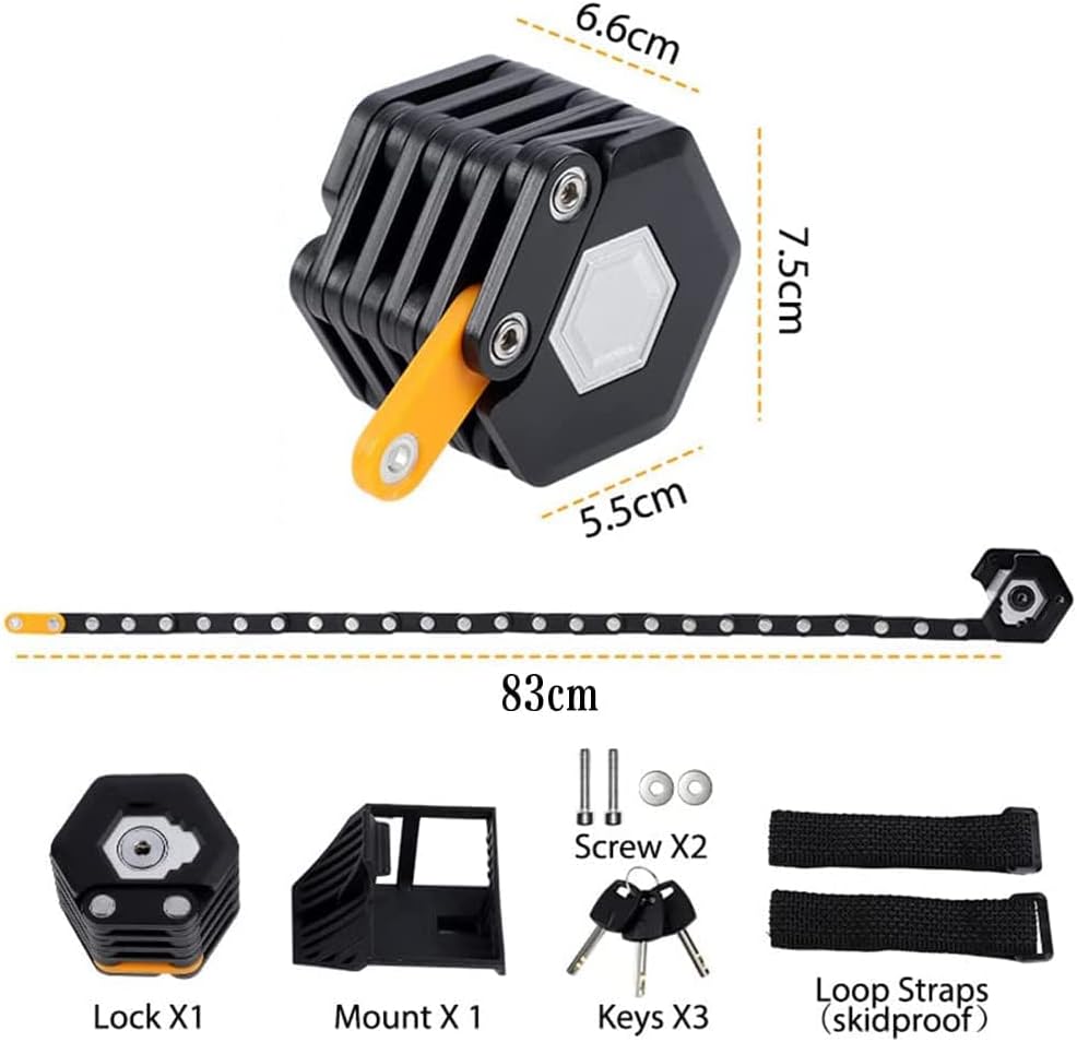 Fitlybuy SafeRide black foldable bike lock with dimensions, security chain, mount, keys, and skidproof straps.