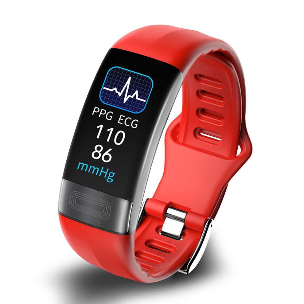 Red Kexi-Life P11 smart bracelet showing ECG, PPG, and blood pressure health metrics on a digital screen.