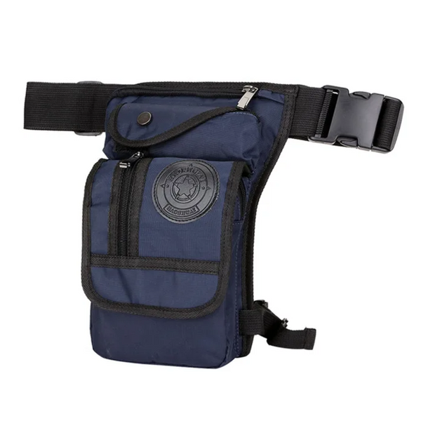 Blue waterproof motorcycle leg bag with multiple zippered pockets, adjustable straps, and a circular logo patch.