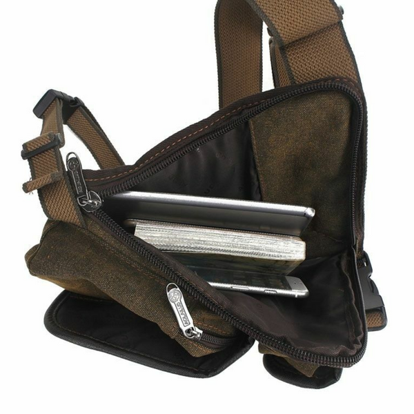 Brown waterproof Fitlybuy outdoor leg bag, open with visible compartments holding a smartphone and wallet.