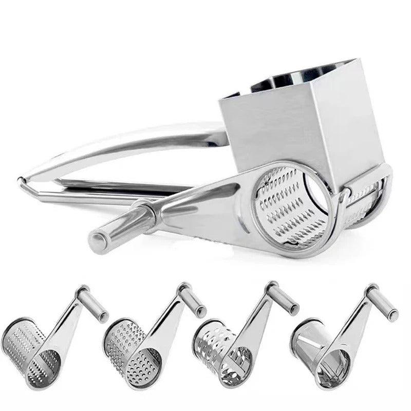 Fitlybuy stainless steel rotary cheese grater with handle and four interchangeable grating drum blades.