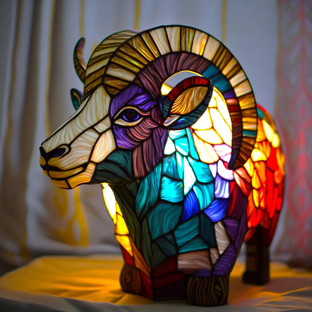 Fitlybuy stained glass ram lamp with glowing, multi-colored geometric panels in yellow, blue, red, and purple tones.