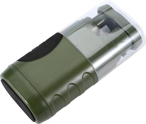 Fitlybuy olive green portable survival water filter with a clear protective cap, isolated on a white background.