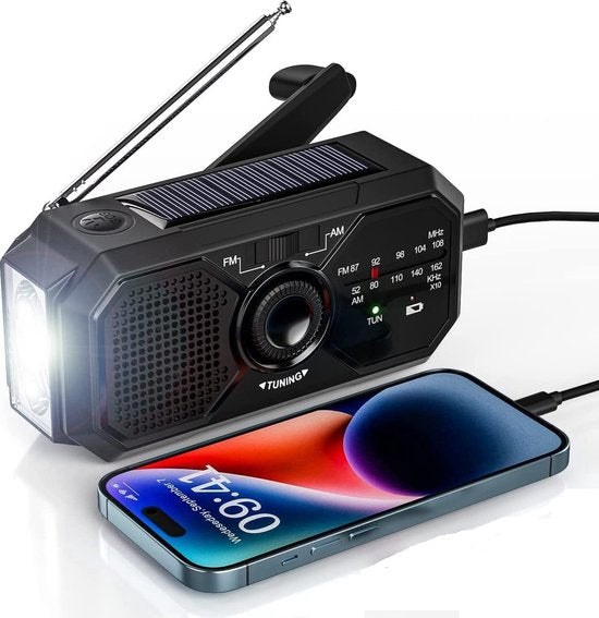 Black Fitlybuy solar/hand-crank emergency radio with antenna, LED flashlight, and phone charging cable.