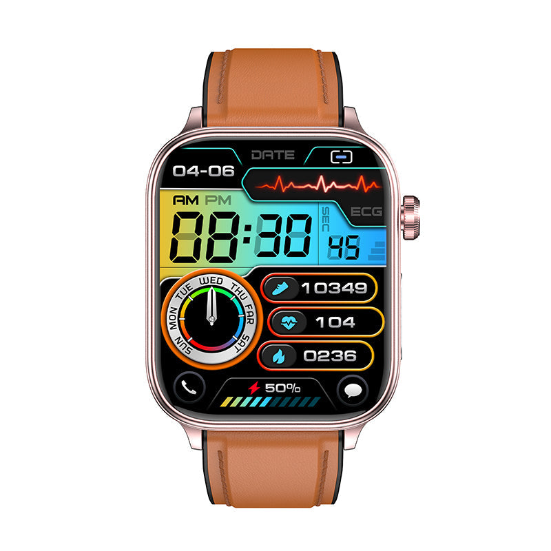 Fitlybuy Kexi-Life Pro 6 smartwatch with tan leather strap, rose gold frame, and digital display showing health metrics.
