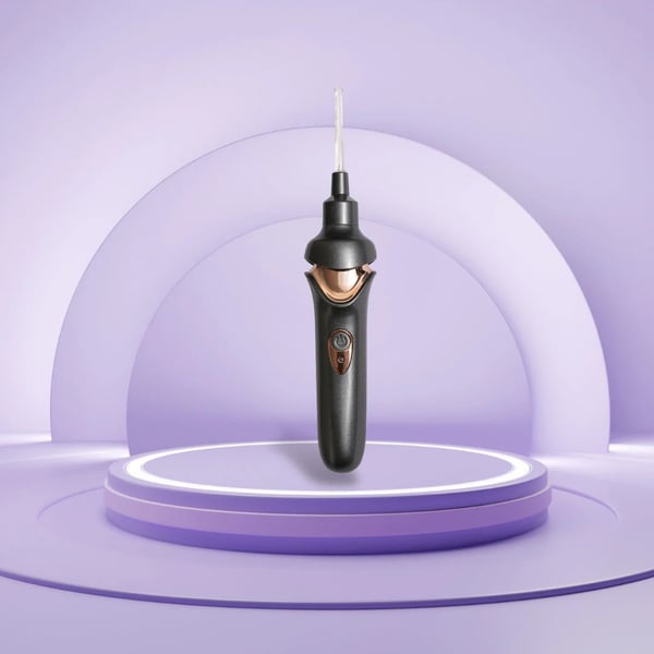Fitlybuy black and rose gold electric ear wax removal tool with SafeClean tip on a purple display pedestal.