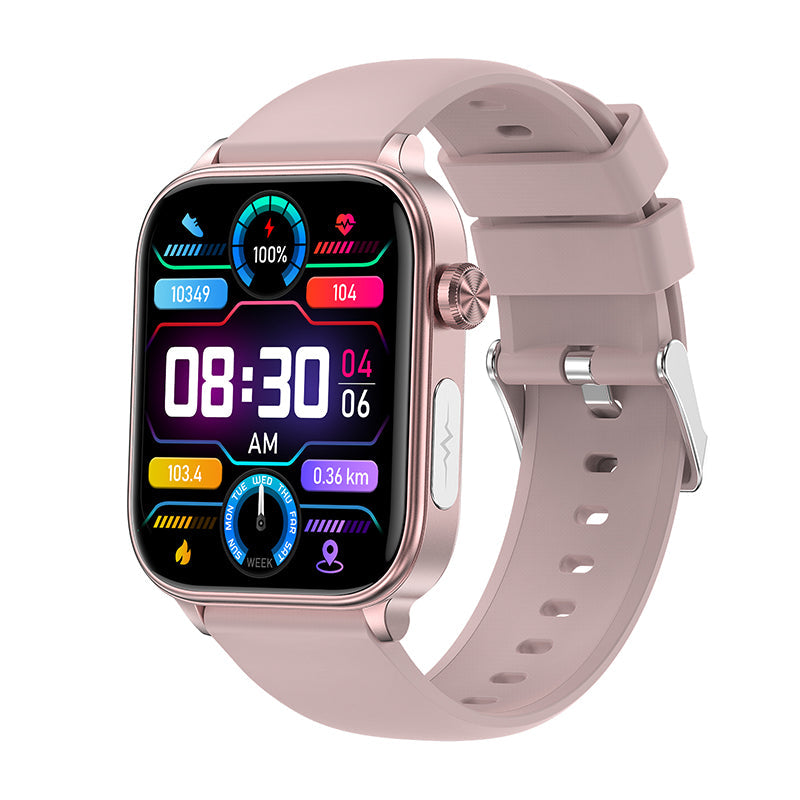 Rose gold Kexi-Life Pro 6 smartwatch with a pink silicone band, showing a colorful digital health dashboard display.