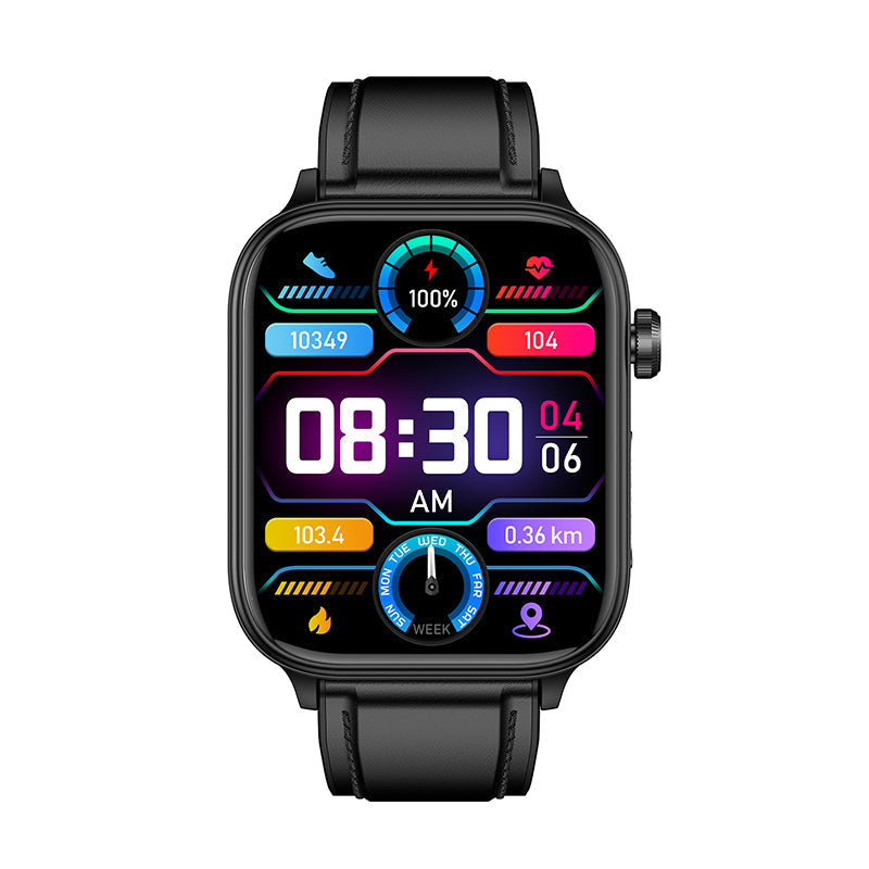 Black Fitlybuy Kexi-Life Pro 6 smartwatch showing a digital display with health data, date, time, and icons.