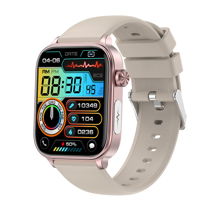 Fitlybuy Kexi-Life Pro 6 rose gold smartwatch with beige band, showing ECG and health metrics on a digital display.