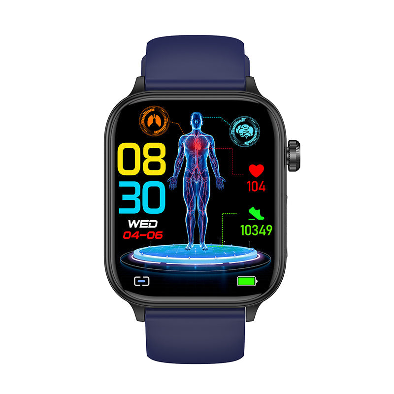 Fitlybuy Kexi-Life Pro 6 smartwatch with dark blue strap, showing ECG/health scan UI on a black rectangular screen.