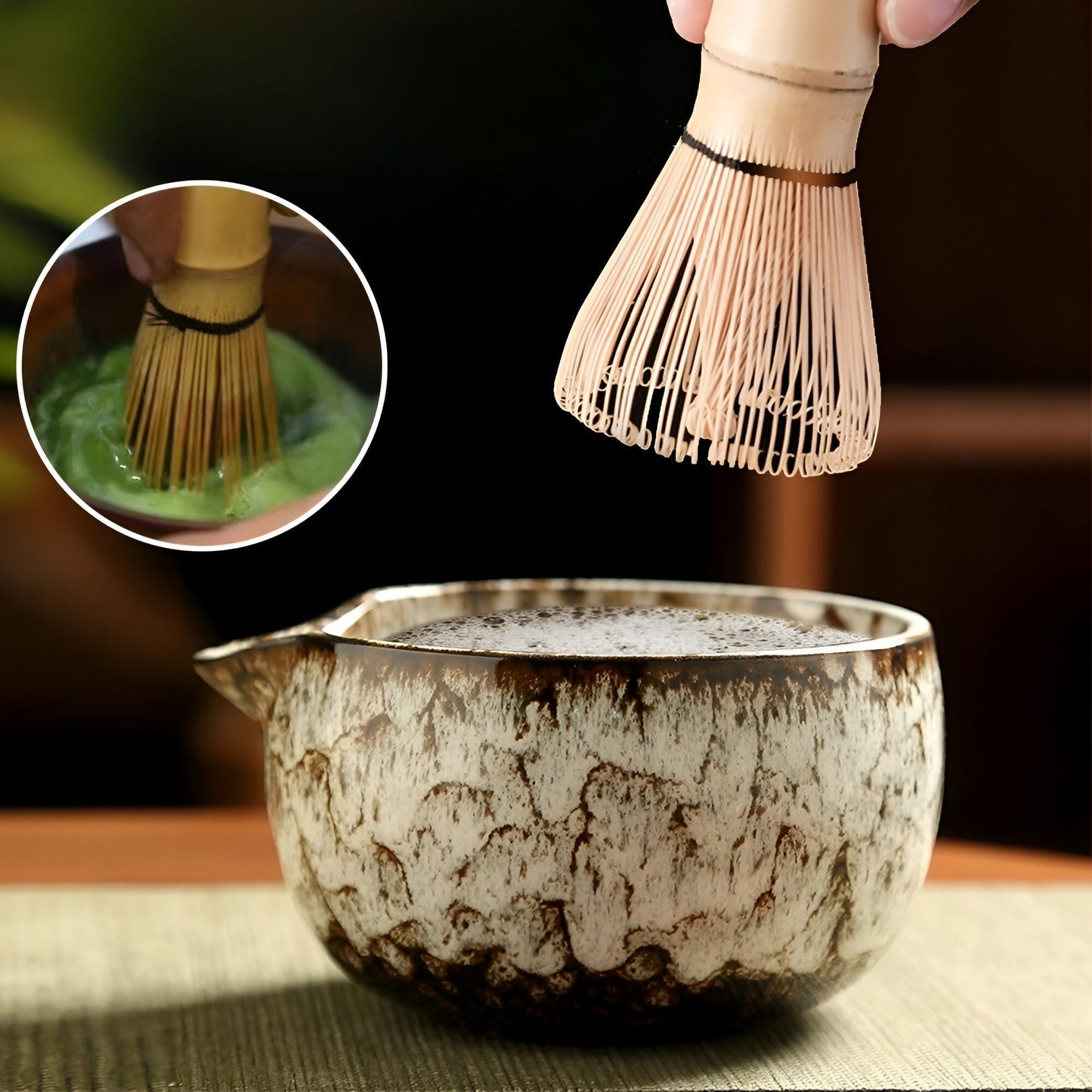 Fitlybuy matcha kit: a rustic, textured ceramic bowl and bamboo whisk, with an inset showing tea being frothed.