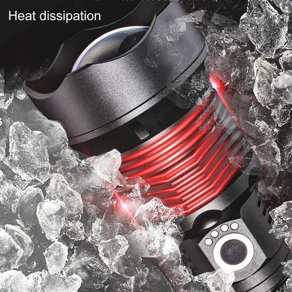 Black Fitlybuy high-power LED flashlight with red heat-dissipating rings, set against a background of crushed ice.