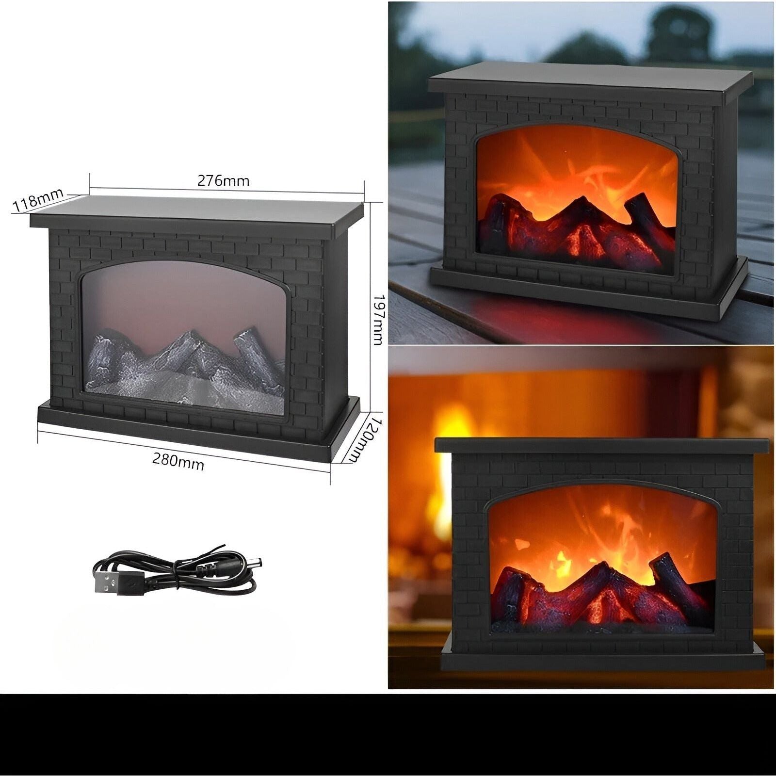Fitlybuy black brick LED fireplace lantern with realistic flickering flames and USB cable, showing dimensions and usage.