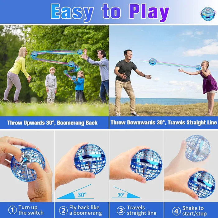 Fitlybuy blue cage hover ball showing boomerang and straight flight paths, with step-by-step outdoor use instructions.