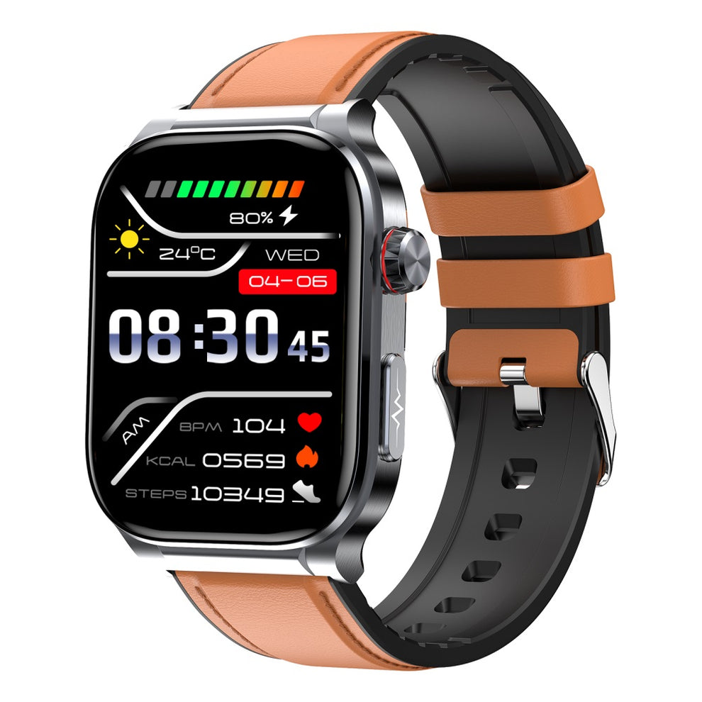 Fitlybuy Kexi-Life Pro 9 smartwatch with tan leather strap, silver frame, and digital display showing health metrics.