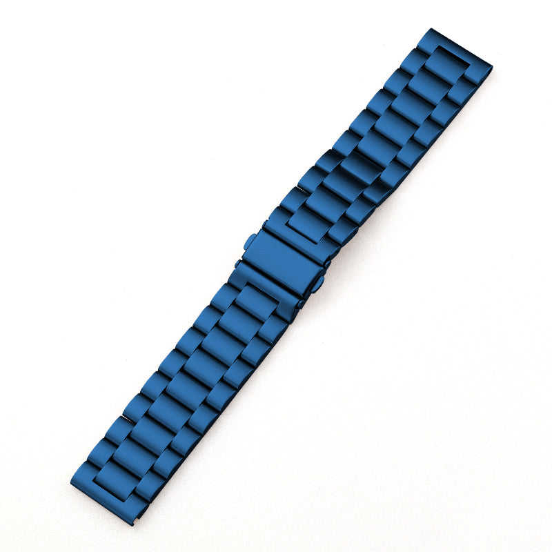 Blue stainless steel watch strap with metal link design and secure quick-release folding clasp on white background.