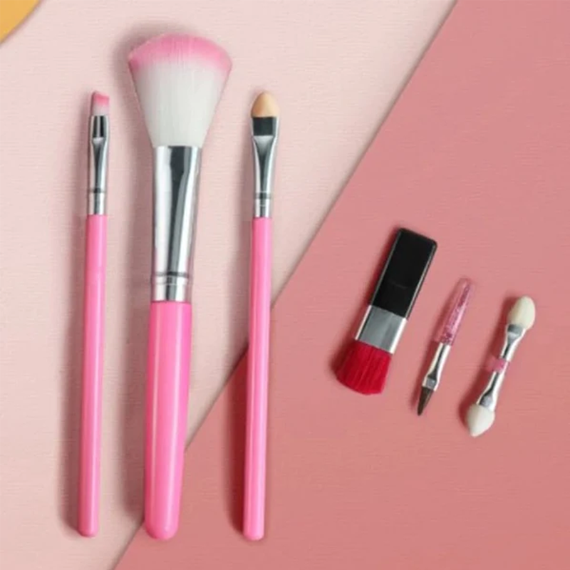 Fitlybuy Princess Glamour kids makeup brushes featuring six pink and silver pretend play tools on a pink background.