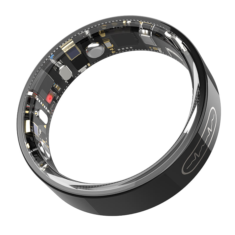 Fitlybuy Kexi-Life R09 smart ring: sleek black exterior with inner health sensors for ECG and blood monitoring.