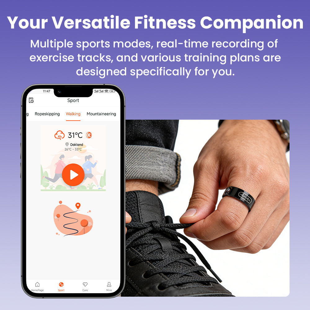 Black Fitlybuy Kexi-Life R09 health smart ring on finger next to smartphone app showing fitness tracking data.