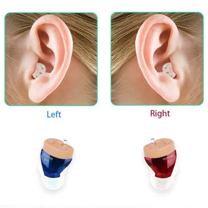 Fitlybuy rechargeable hearing aids: a blue left and red right device, shown worn in-ear for a discreet, comfy fit.