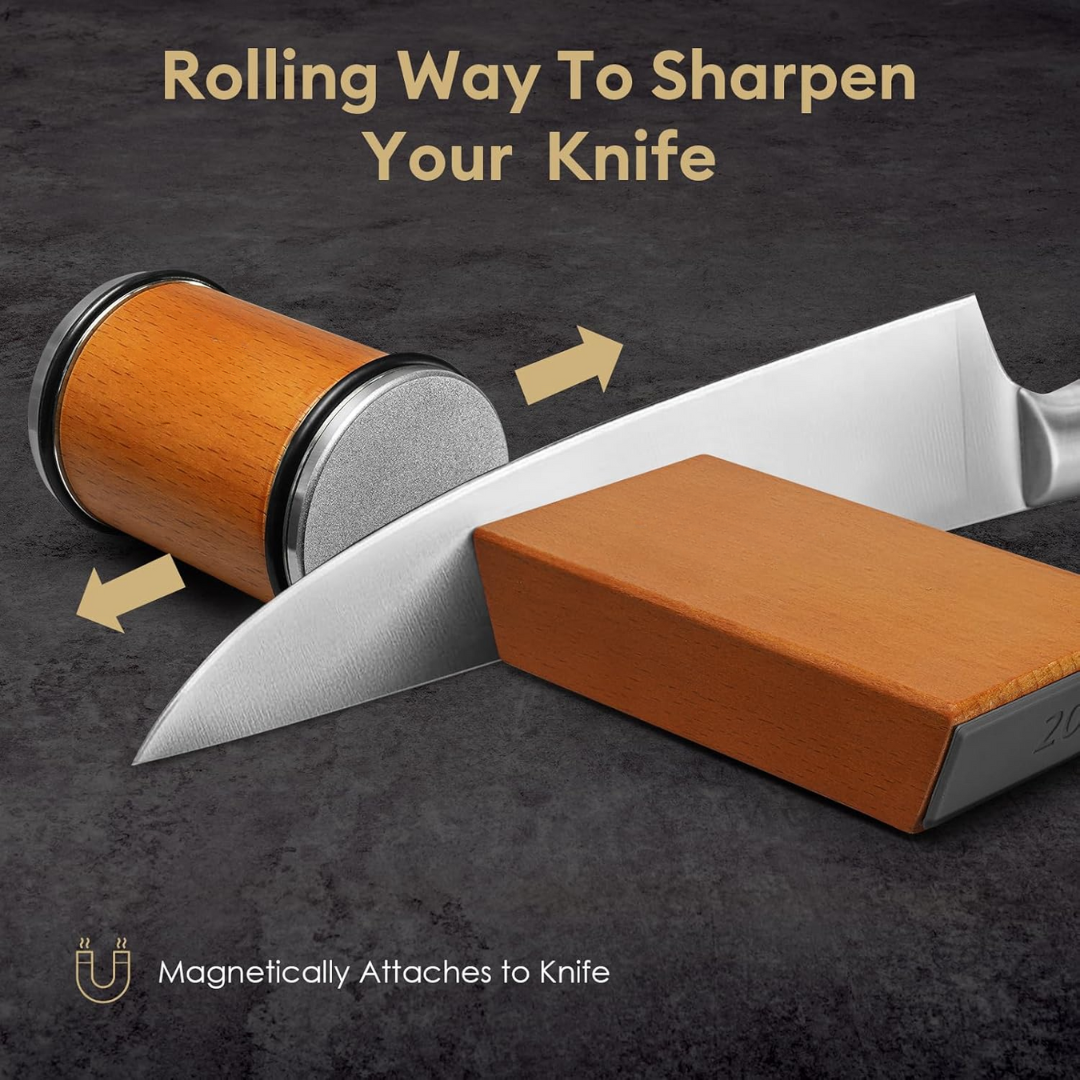 Fitlybuy wood and diamond rolling knife sharpener with a magnetic base securing a kitchen knife on a dark stone surface.