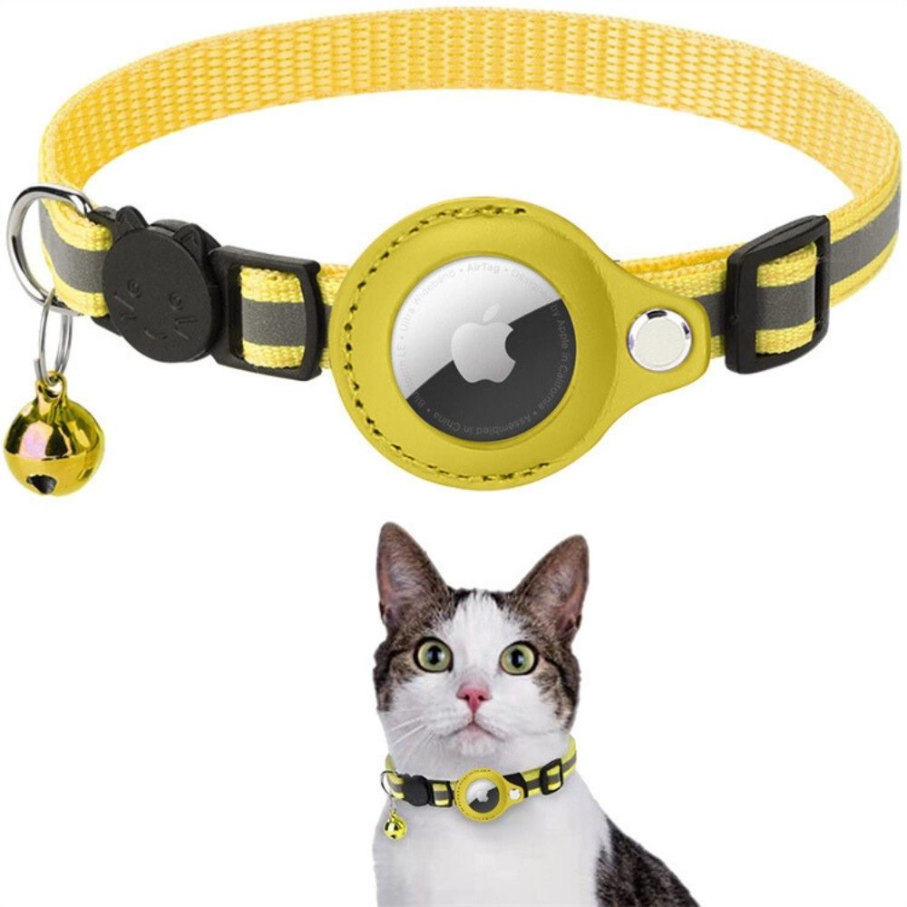 Yellow reflective Fitlybuy cat collar with AirTag holder, safety release buckle, and bell, worn by a tabby cat.