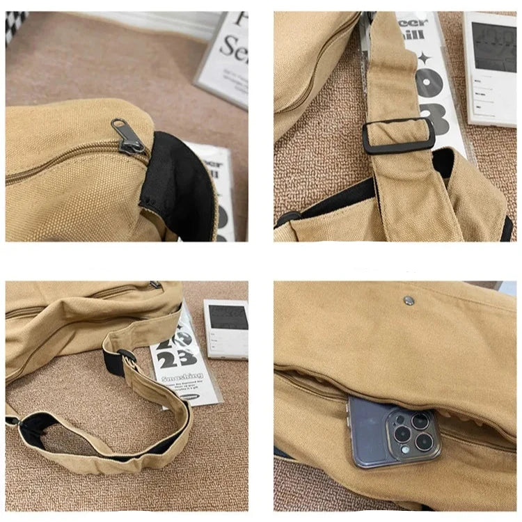 Tan canvas messenger sling bag with adjustable strap, zip closure, and external pocket storing a smartphone.
