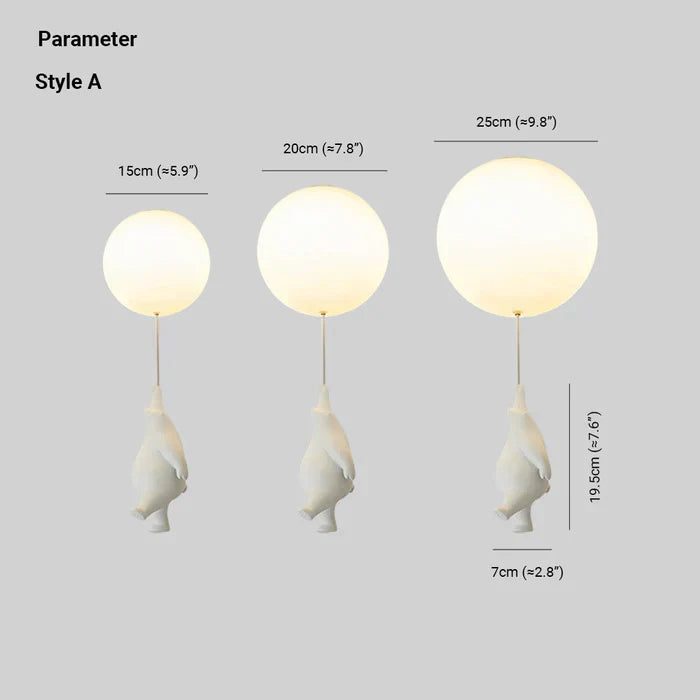 Fitlybuy CloudBear kids' ceiling light: three sizes of white bear figures holding glowing spherical LED balloons.