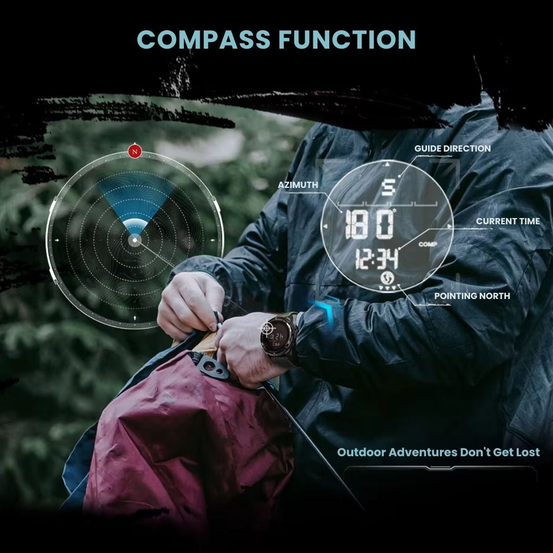 Fitlybuy carbon fiber outdoor watch on a person’s wrist, showing digital compass, azimuth, and time in a forest setting.