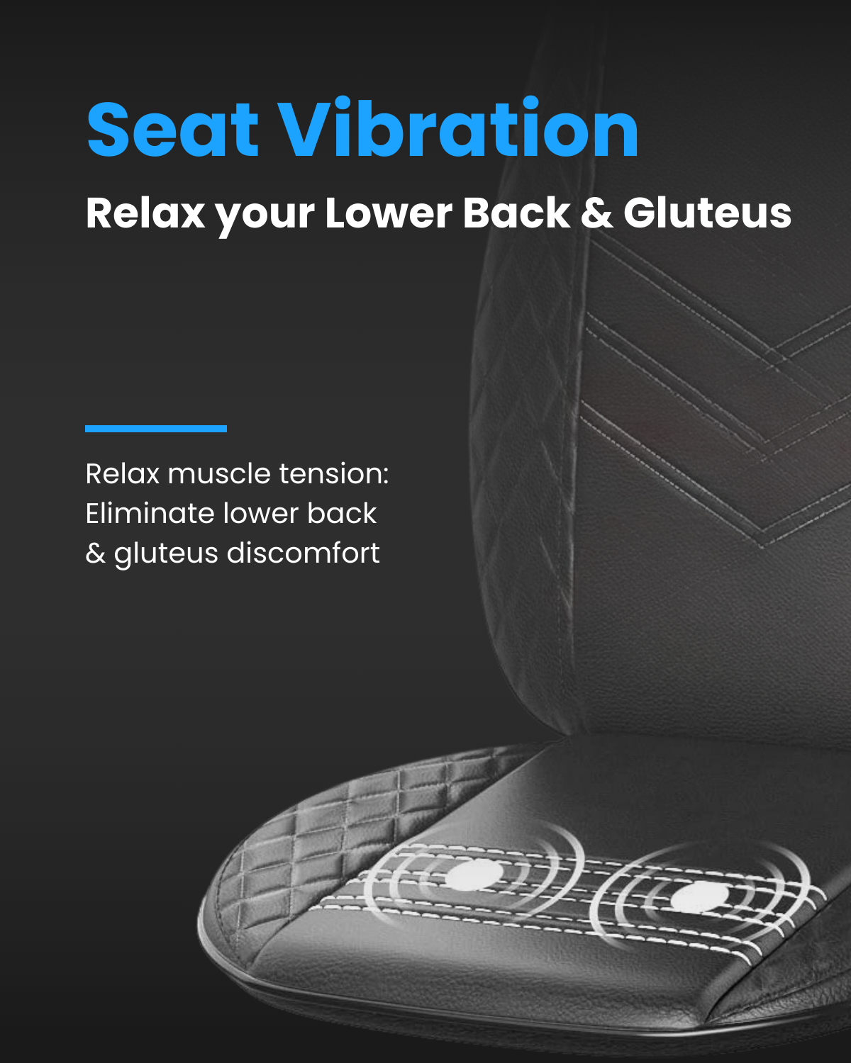 Black Fitlybuy massage chair seat with quilted texture, showing seat vibration zones to relax back and gluteus muscles.