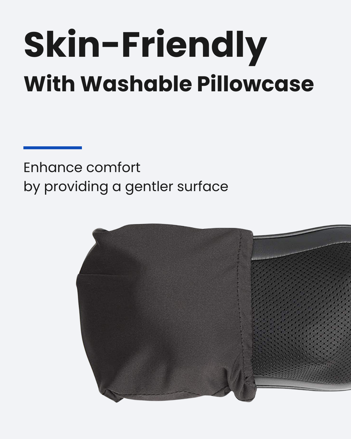 Fitlybuy RelaxMax black massage pillow with soft, skin-friendly, washable fabric cover for comfort.