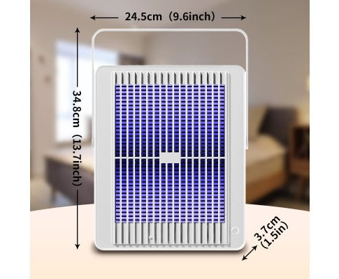 White, rectangular Fitlybuy electric insect killer with purple light grid, carry handle, and dimensions labeled.