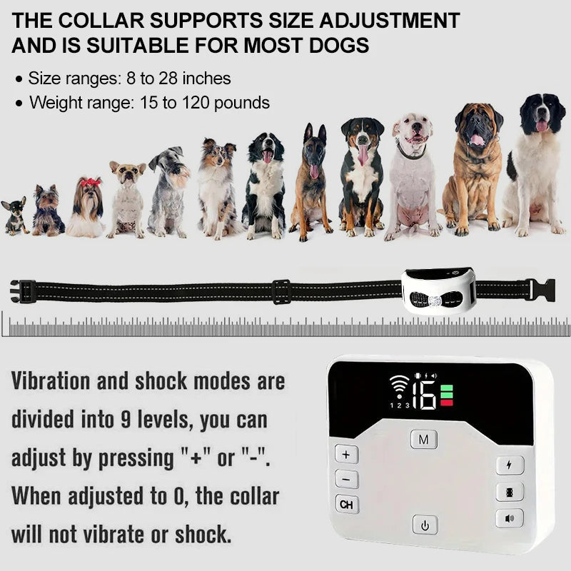 Fitlybuy 2-in-1 wireless dog fence collar and white remote with adjustable settings for various dog sizes and breeds.