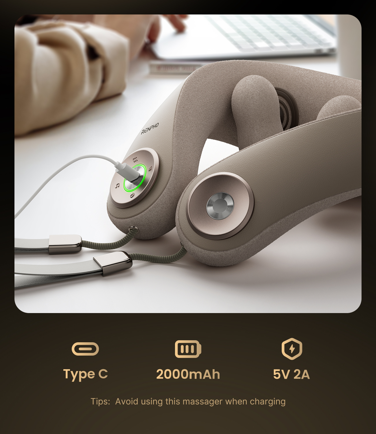 Beige U-neck massager with charging cable, metallic control buttons, and heat therapy icons on a clean desk background.