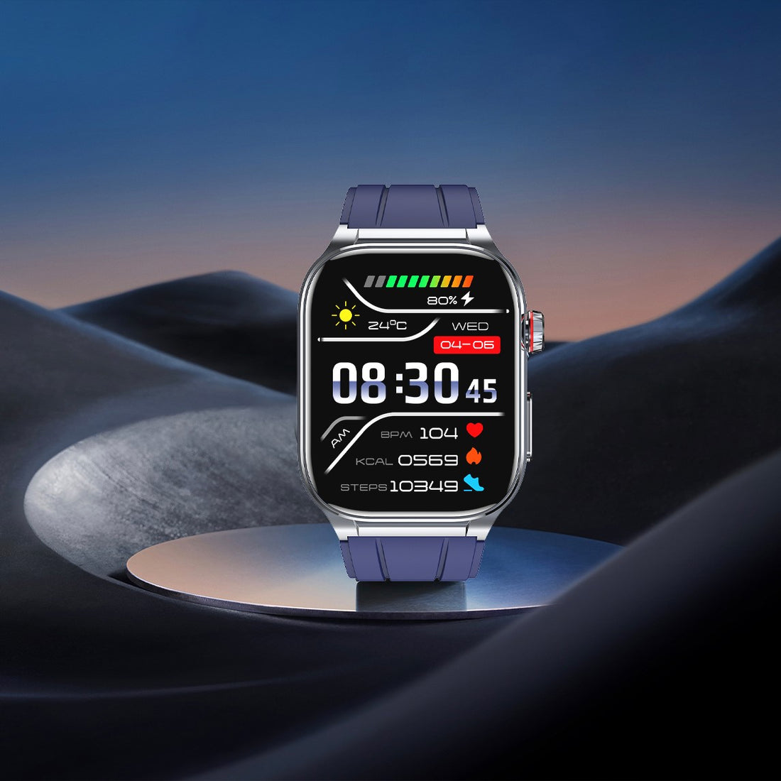 Fitlybuy Kexi-Life Pro 9 smartwatch with dark blue band and silver case, displayed on a circular stand against dunes.