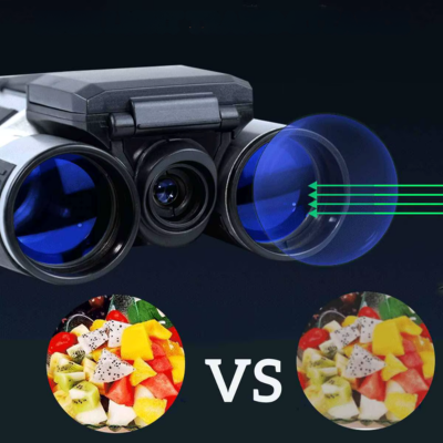 Fitlybuy binoculars with built-in camera, 10x zoom, black and grey casing, showing high-clarity color comparison.