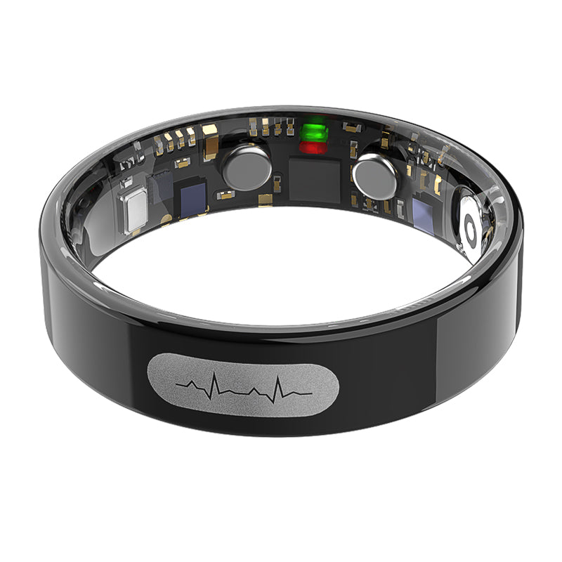 Black Kexi-Life R08 smart ring showing internal health sensors and an EKG heart rate icon on the outer band.